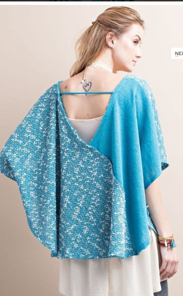 NWT Easel Teal Blue Aqua Trendy Boho Chic Knit Sweater Poncho Loose Fit HOT M L - Linda's Fab Fashions
