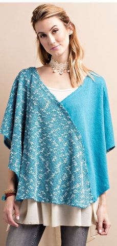 NWT Easel Teal Blue Aqua Trendy Boho Chic Knit Sweater Poncho Loose Fit HOT M L - Linda's Fab Fashions
