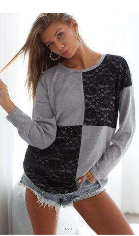 Light Gray Black Lace Accented Casual Long Sleeve Top