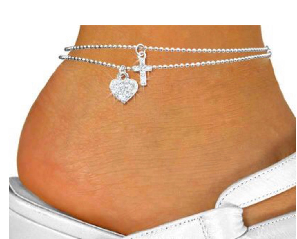 Austrian Crystal Double Strand Cross & Heart Anklet Ankle Bracelet Jewelry