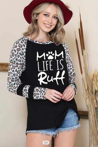 FUN!" Mom life is Ruff" Black & White Leopard Sleeve Paw Print Top