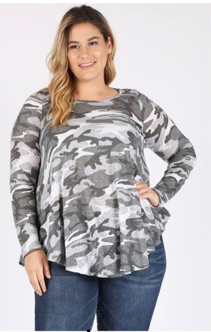 Plus Size Army Gray Camouflage Print Tunic Top - Linda's Fab Fashions