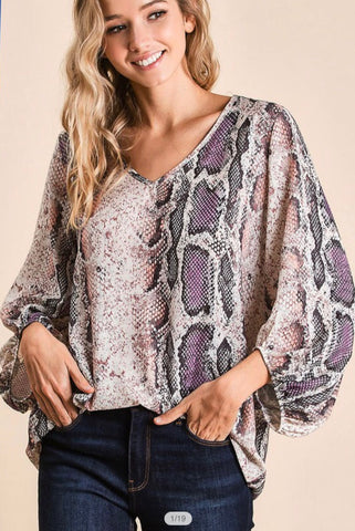 Snake Skin Print V Neck Top with Bubble Sleeves - Linda's Fab Fashions