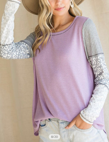 Thermal Knit Purple Top w/Animal Print Sleeves