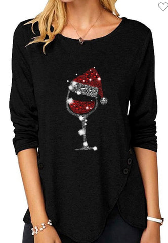 Merry Christmas Wine Glass Sparkle Long Sleeved Tee Top