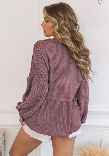 Berry Wine Babydoll Thermal Knit Top