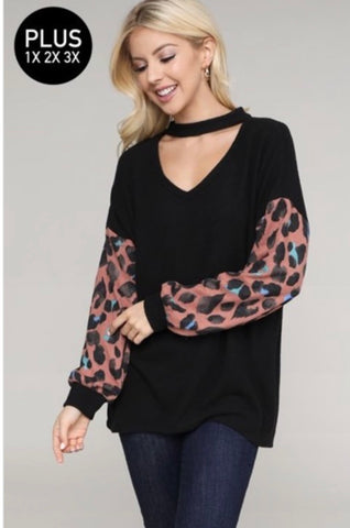 Plus Size Black Leopard Puff Sleeves Choker Top - Linda's Fab Fashions