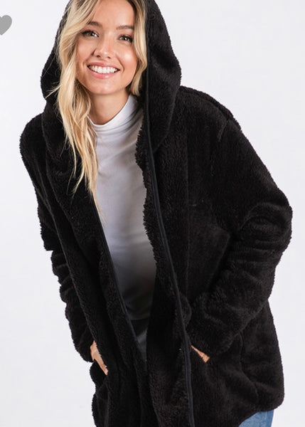 Baby Soft Black Faux Fur Fuzzy Hoodie Jacket - Linda's Fab Fashions